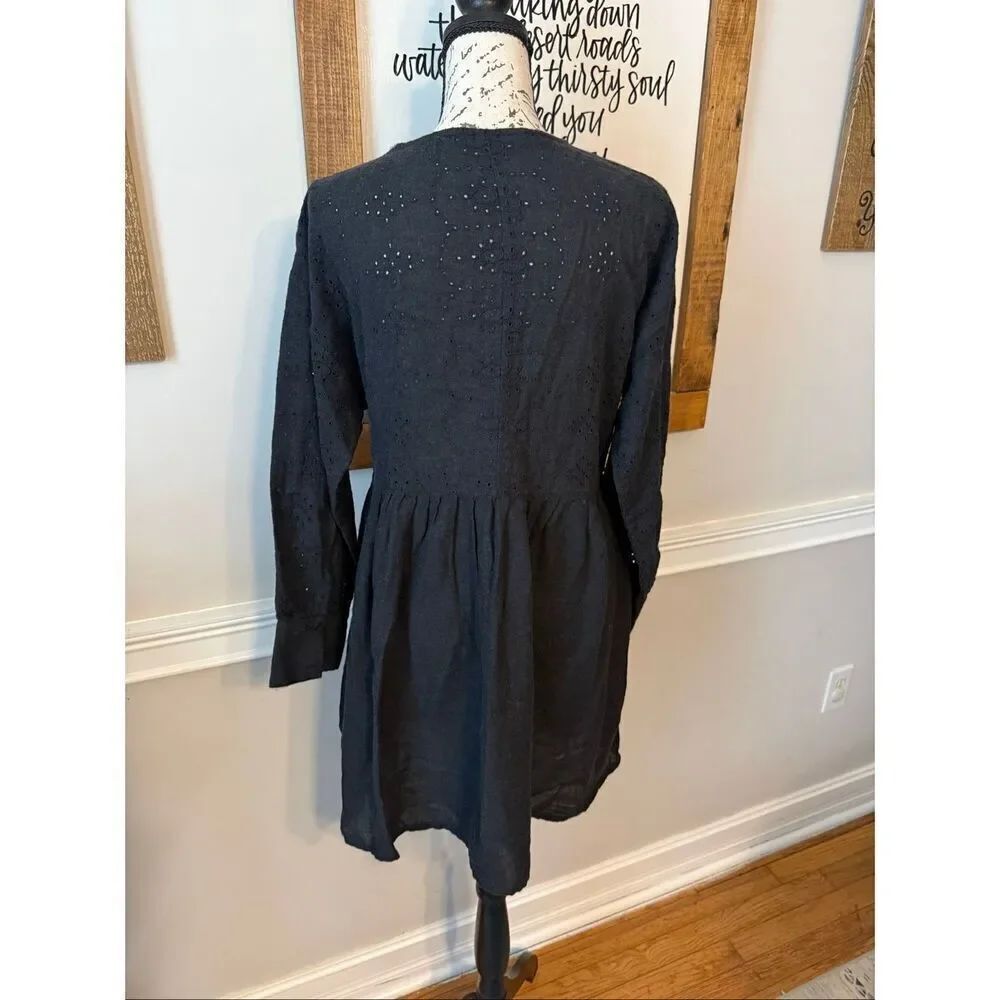 Zara Women's Embroidered Eyelet Long Sleeve Cotton Blend Mini Dress Black XS - Picture 5 of 11